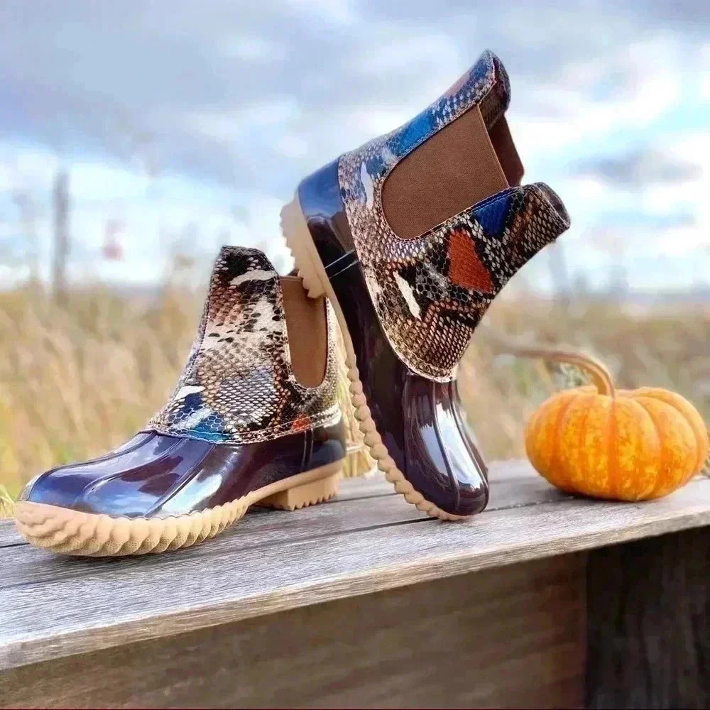 NEW Cute & Trendy Vegan Material Snake embossed slip on Duck Boots